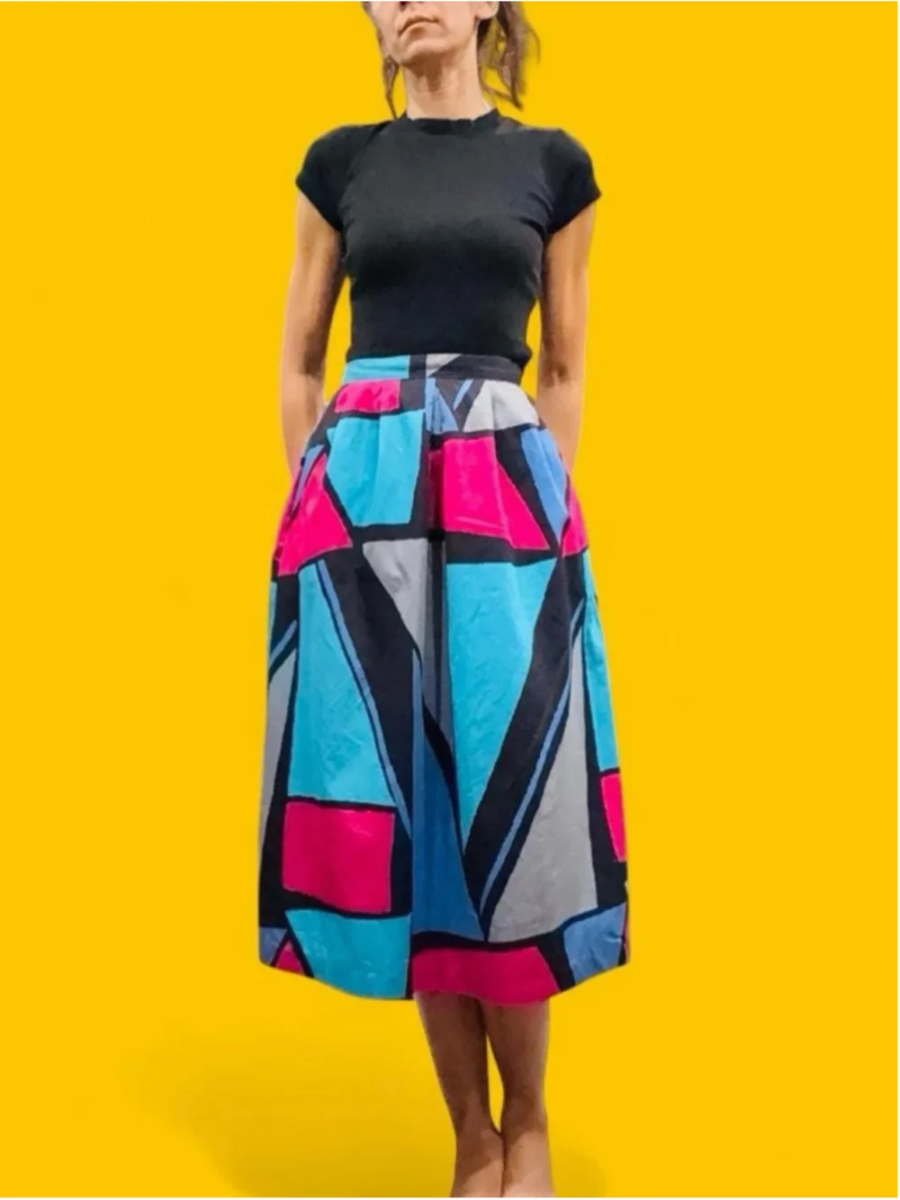 Vintage 1980s Jonathan Martin Naturals Geometric Colorblock Midi Skirt Pockets